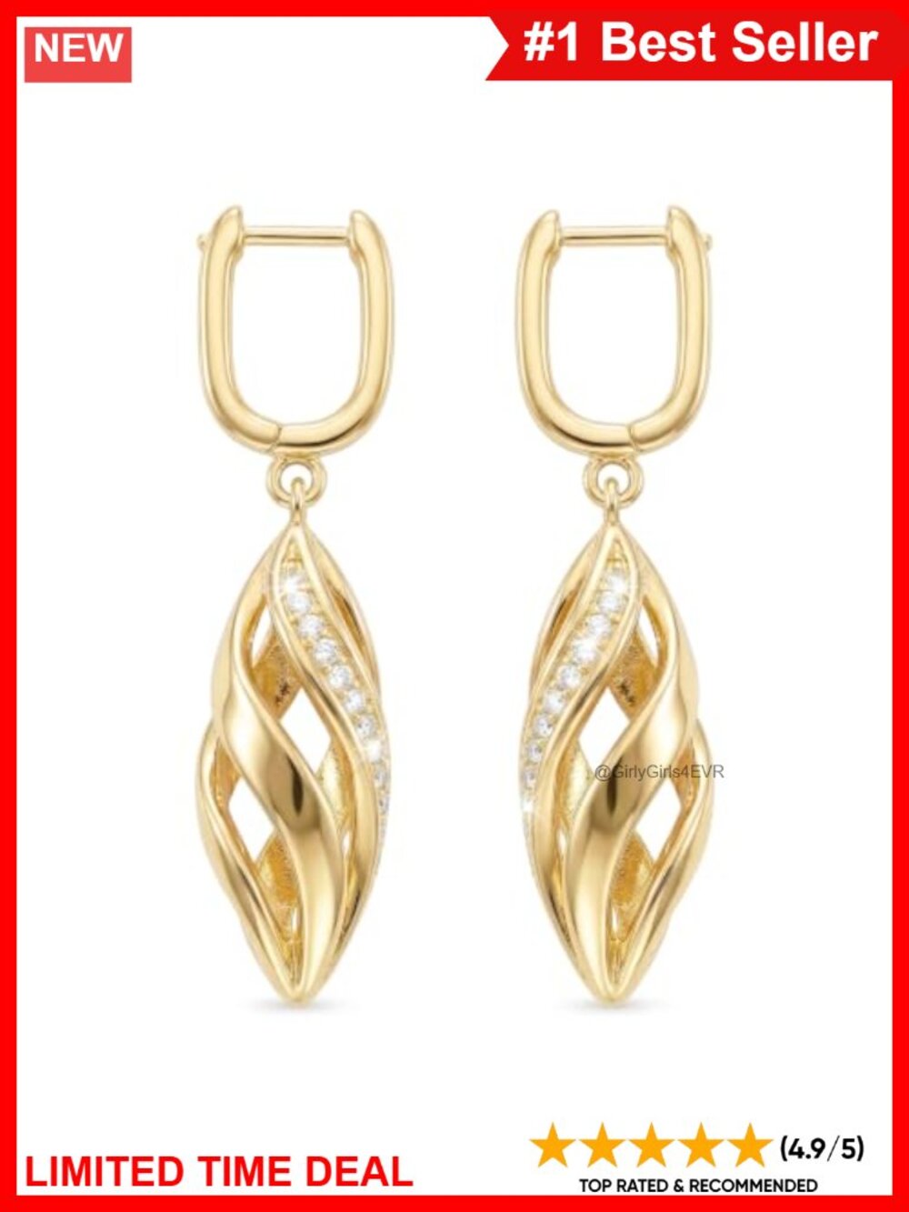 14k Yellow Gold Dangle Drop Earrings Twisted Hollow CZ Hoop for Women